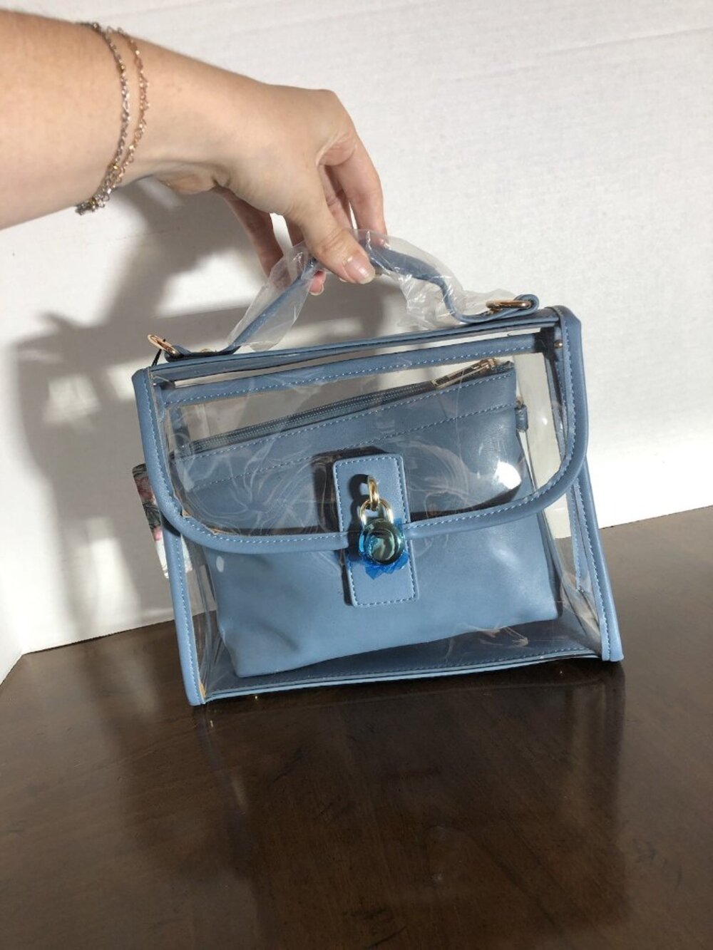 Brentano Clear Bag In Blue With Solid Colored Wristlet 10” x 7” x 3”